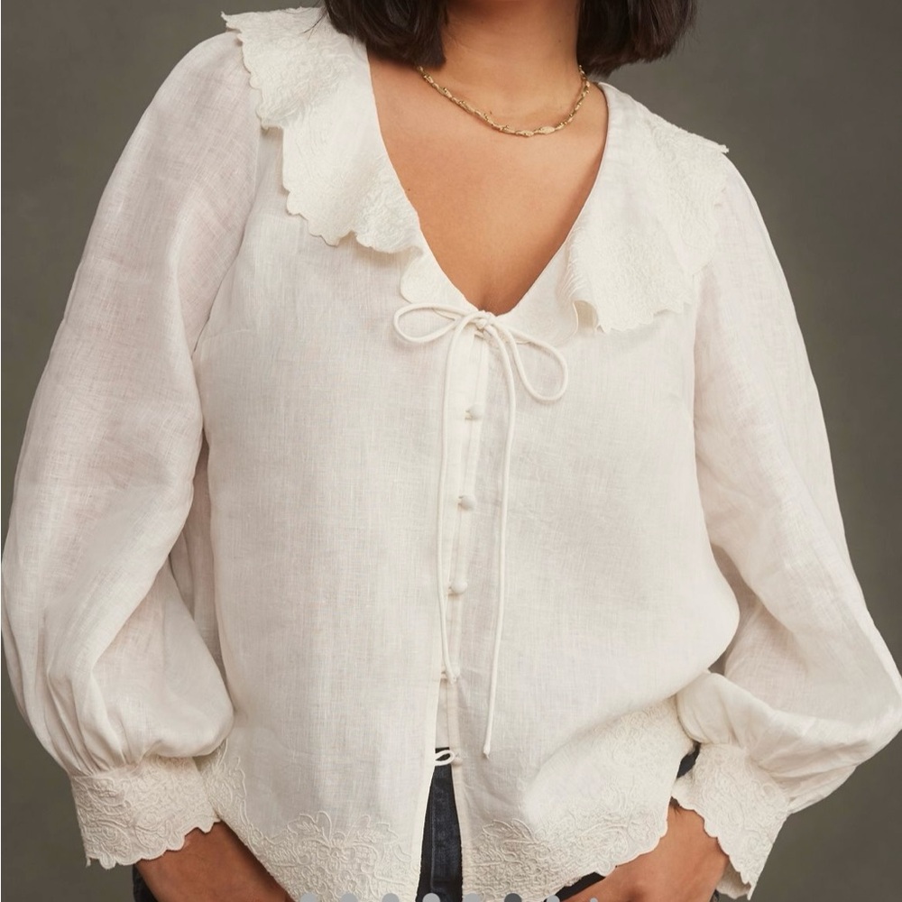 Anthropologie Cream Blouse with Tie-Front